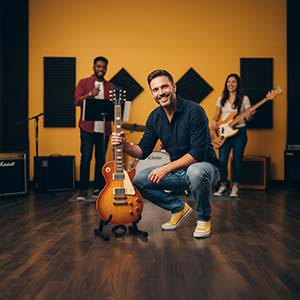Músicos en el local de ensayo con el soporte Bixtride