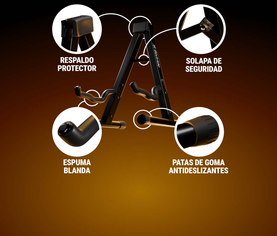 Detalles del respaldo protector, solapa de seguridad y patas de goma